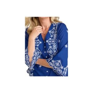 Soft Surroundings Shona Embroidered Boho Peplum Top Shirt Blue M Cotton